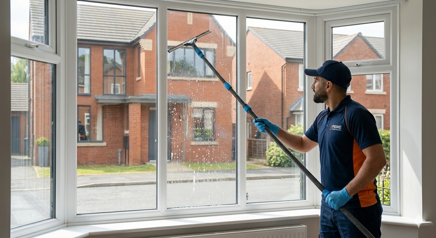 Residential window cleaning on a Manchester red-brick terrace